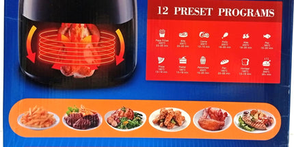 Freidora de Aire AIR FRY de 5.5 litros con PERILLAS DE REG. de temp para distintos alimentos. Colores Rojo y negro