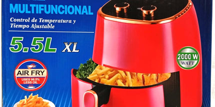 Freidora de Aire AIR FRY de 5.5 litros con PERILLAS DE REG. de temp para distintos alimentos. Colores Rojo y negro