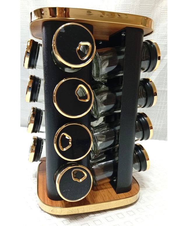 Especiero giratorio para 16 compartimientos con detalles dorados