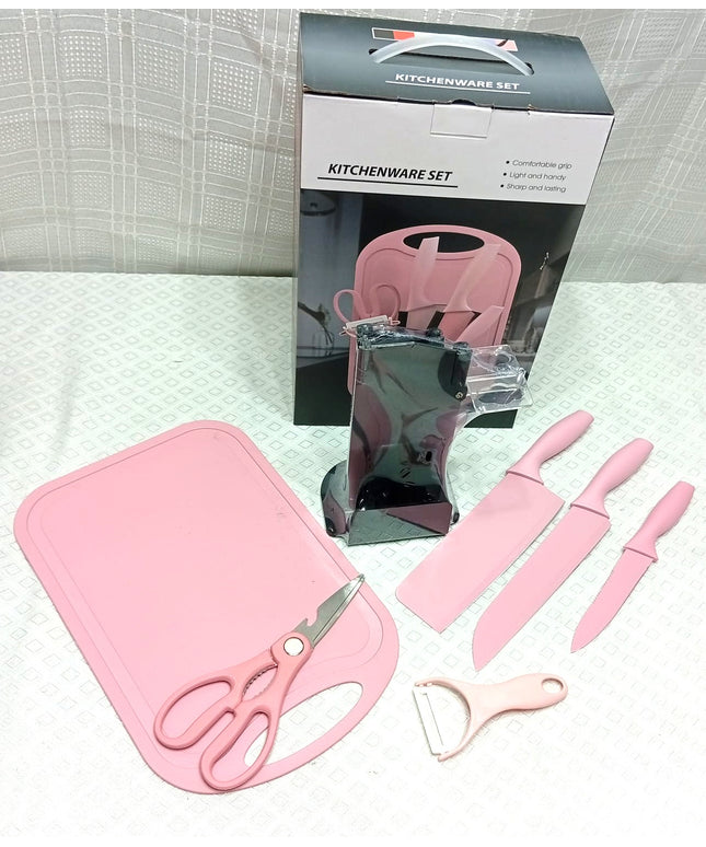 Juego de utensillos KITCHENWARE de cocina con cuchillos y porta cuchillos  y tabla grande 6 unidades