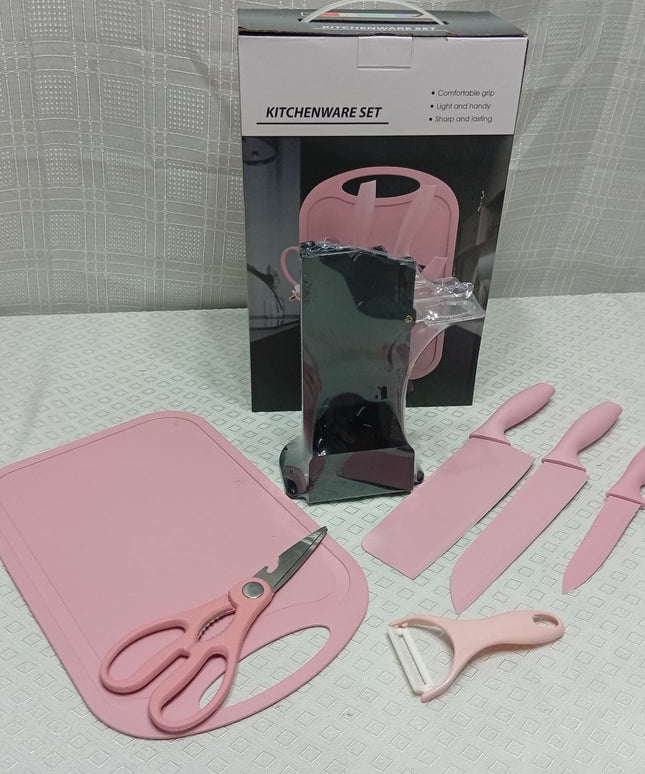 Juego de utensillos KITCHENWARE de cocina con cuchillos y porta cuchillos  y tabla grande 6 unidades