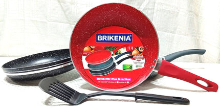 Set de 3 sarténes de teflón BRIKEINA de distintas dimensiones y un utensillo