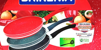 Set de 3 sarténes de teflón BRIKEINA de distintas dimensiones y un utensillo