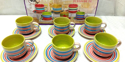 Juego de té de 6 tazas y platos HP colores varios. Apto para microondas y horno convencional