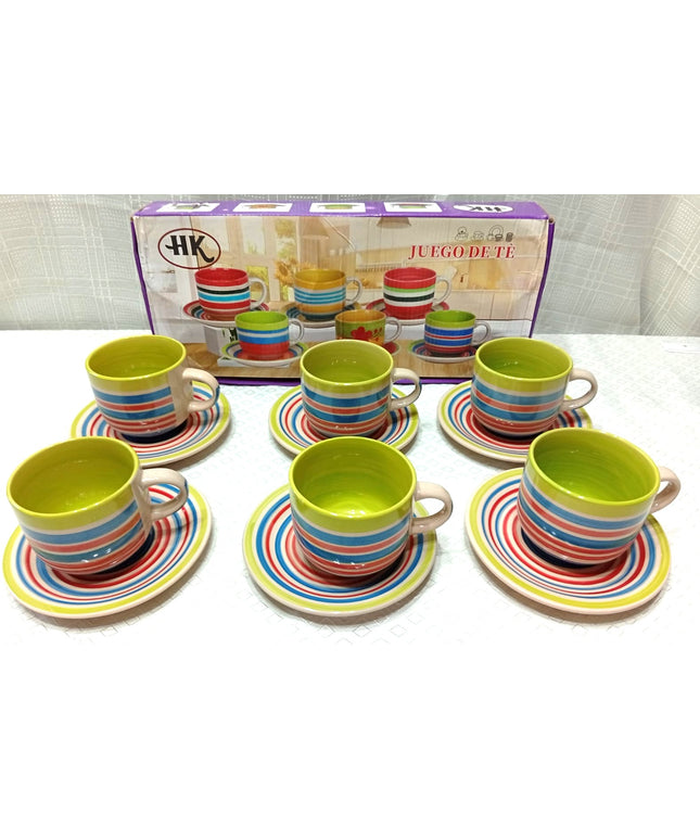 Juego de té de 6 tazas y platos HP colores varios. Apto para microondas y horno convencional