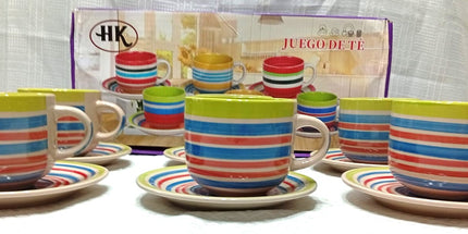 Juego de té de 6 tazas y platos HP colores varios. Apto para microondas y horno convencional