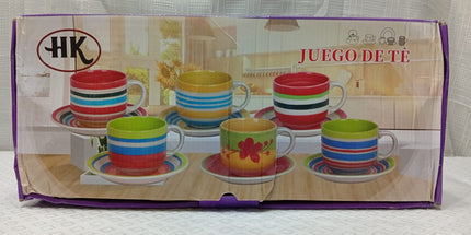 Juego de té de 6 tazas y platos HP colores varios. Apto para microondas y horno convencional