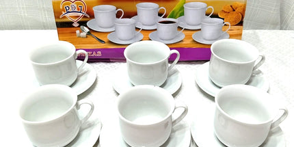 Juego de té de 6 tazas 350cc blancas con platas de cerámica