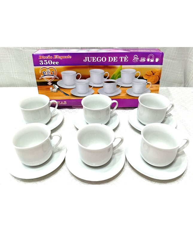Juego de té de 6 tazas 350cc blancas con platas de cerámica