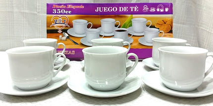 Juego de té de 6 tazas 350cc blancas con platas de cerámica