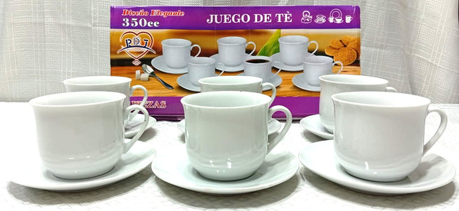 Juego de té de 6 tazas 350cc blancas con platas de cerámica