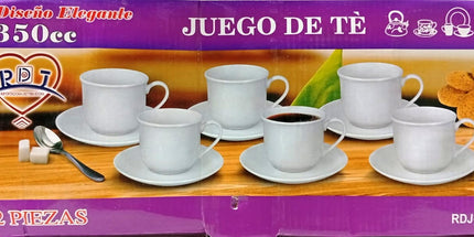 Juego de té de 6 tazas 350cc blancas con platas de cerámica