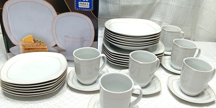 Juego de vajilla CHARLY de porcelana platos y tazas con bordes dorados 30 piezas