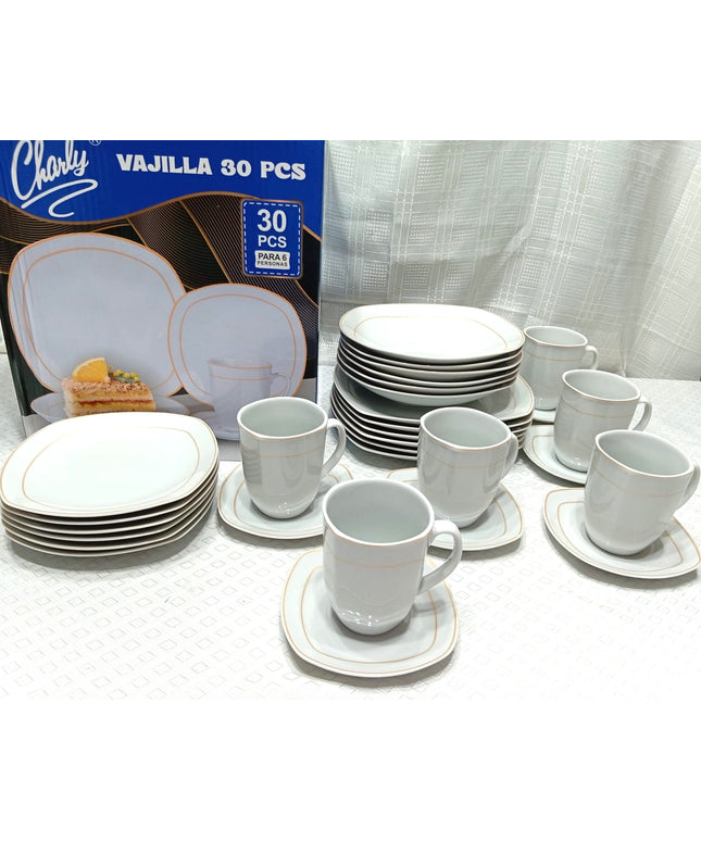 Juego de vajilla CHARLY de porcelana platos y tazas con bordes dorados 30 piezas