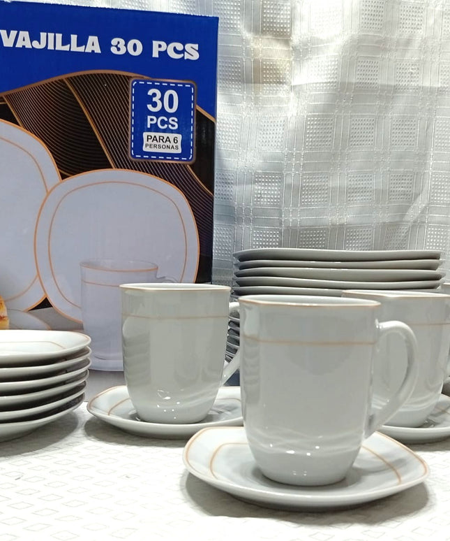 Juego de vajilla CHARLY de porcelana platos y tazas con bordes dorados 30 piezas