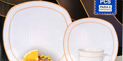 Juego de vajilla CHARLY de porcelana platos y tazas con bordes dorados 30 piezas