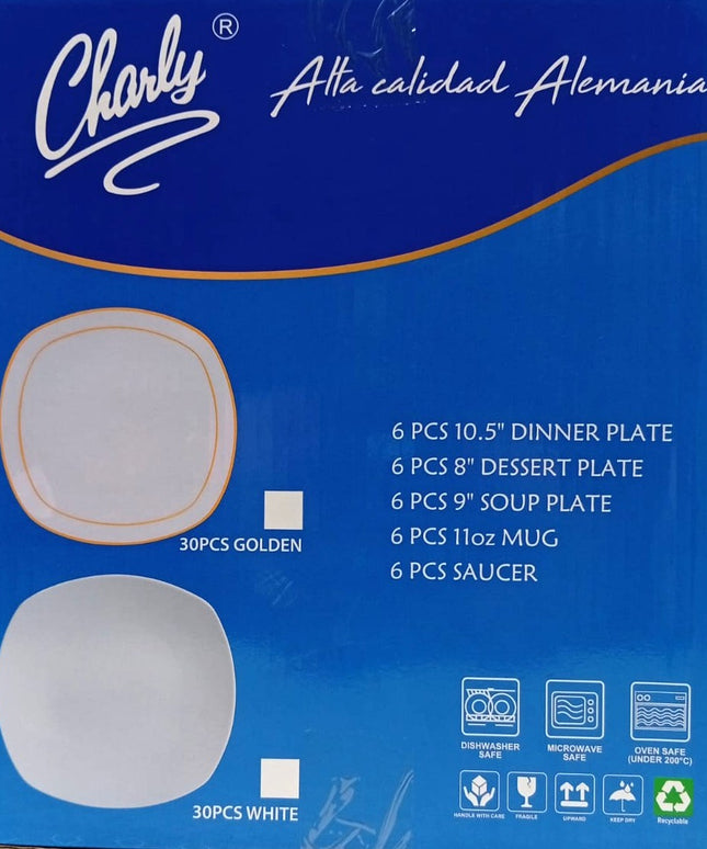 Juego de vajilla CHARLY platos y tazas blancos ceramica 30 piezas