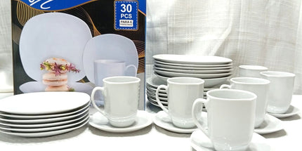 Juego de vajilla CHARLY platos y tazas blancos ceramica 30 piezas