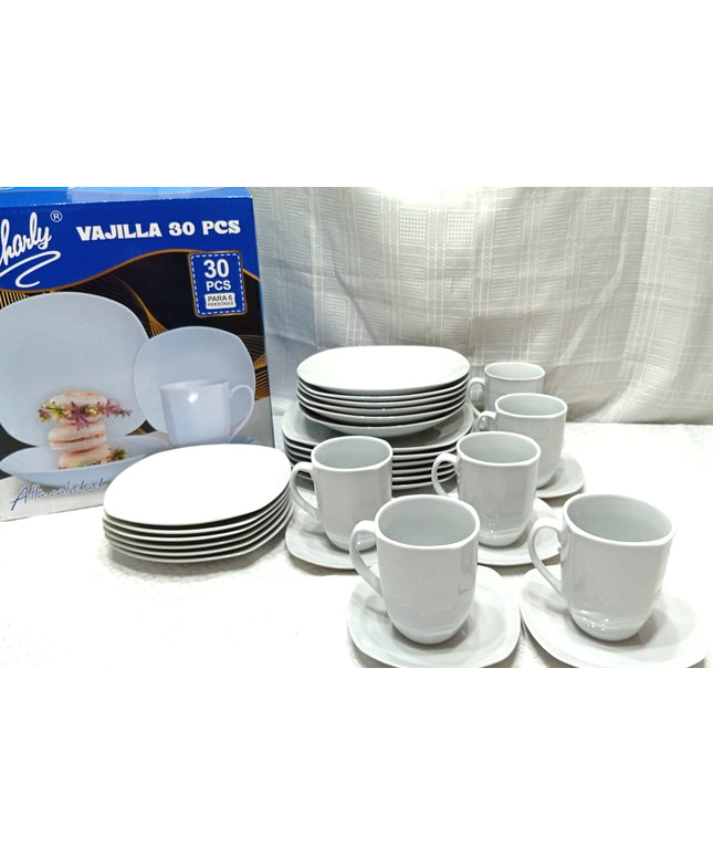 Juego de vajilla CHARLY platos y tazas blancos ceramica 30 piezas