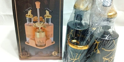 Especiero para aceite vinagre sal y pimienta, bordes dorados