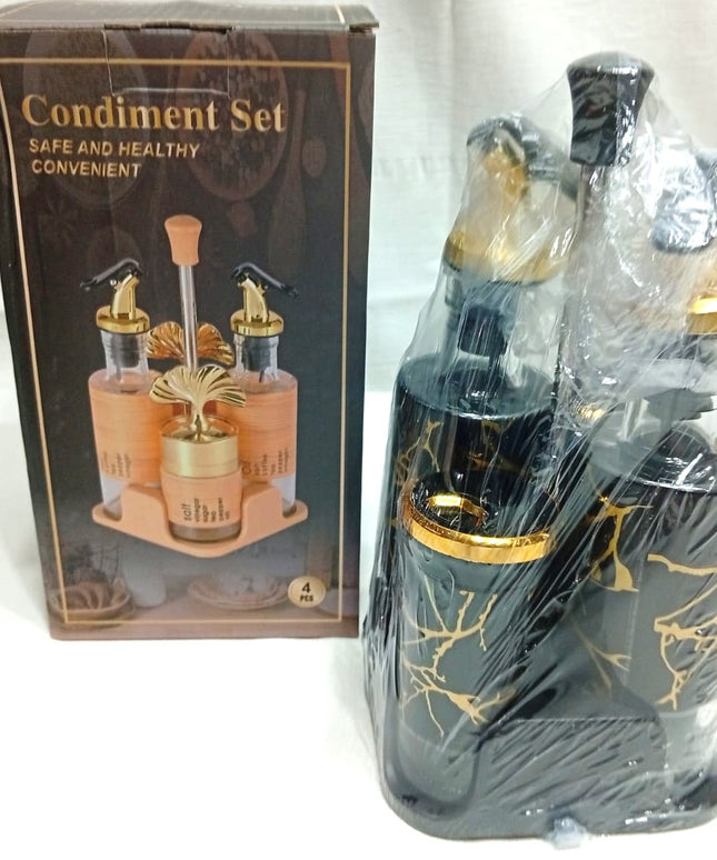 Especiero para aceite vinagre sal y pimienta, bordes dorados