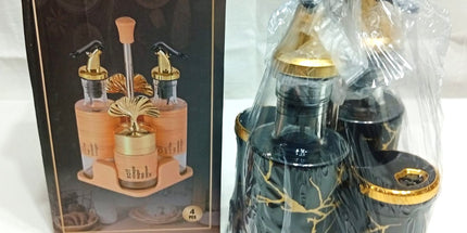 Especiero para aceite vinagre sal y pimienta, bordes dorados