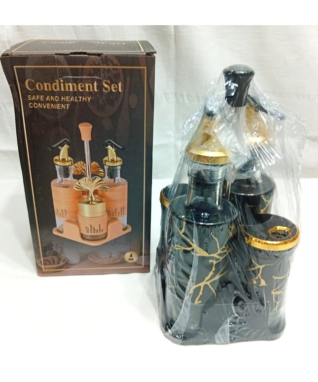 Especiero para aceite vinagre sal y pimienta, bordes dorados