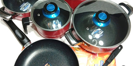 Ollas set BRIKEINA de teflón 4 ollas con tapa, sarten y dos utensillos