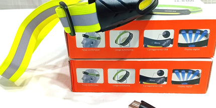 Linterna LELONG 8360 minera deportiva con luz led frontal bicolar y cintas laterales luminosas