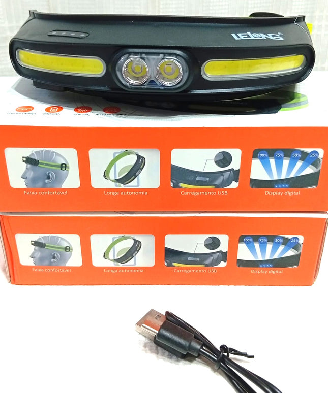 Linterna LELONG 8360 minera deportiva con luz led frontal bicolar y cintas laterales luminosas