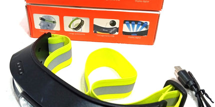 Linterna LELONG 8360 minera deportiva con luz led frontal bicolar y cintas laterales luminosas