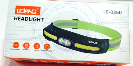 Linterna LELONG 8360 minera deportiva con luz led frontal bicolar y cintas laterales luminosas