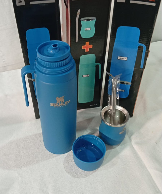 Termo de 1 litro media manija con pico vertedor, mate y bombilla